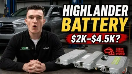 Presenter in a workshop sits at a table with two large hybrid battery packs in front, discussing Highlander battery costs ($2K–$4.5K).