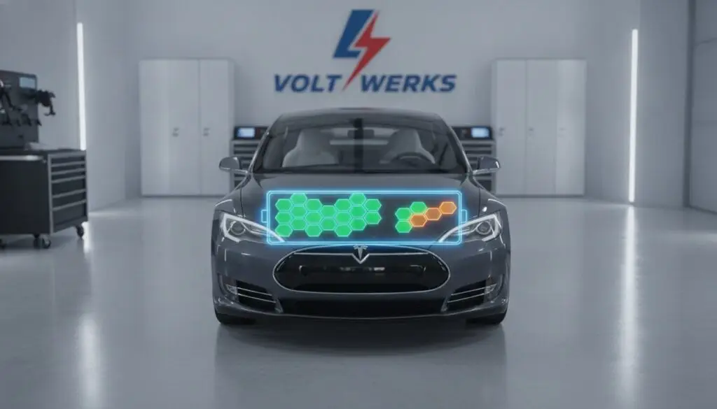 Front view of a dark Tesla in a high-tech workshop with a glowing battery visualization on the hood showing green and orange hexagons.