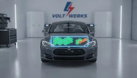 Front view of a dark Tesla in a high-tech workshop with a glowing battery visualization on the hood showing green and orange hexagons.