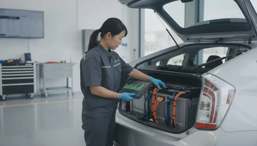 Automotive technician wearing blue gloves inspects a car's battery in the open trunk, using a tablet.