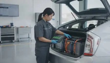 Automotive technician wearing blue gloves inspects a car's battery in the open trunk, using a tablet.