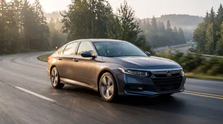 Gray Honda sedan driving along a curving, tree-lined road at dawn/morning light on a misty forest road